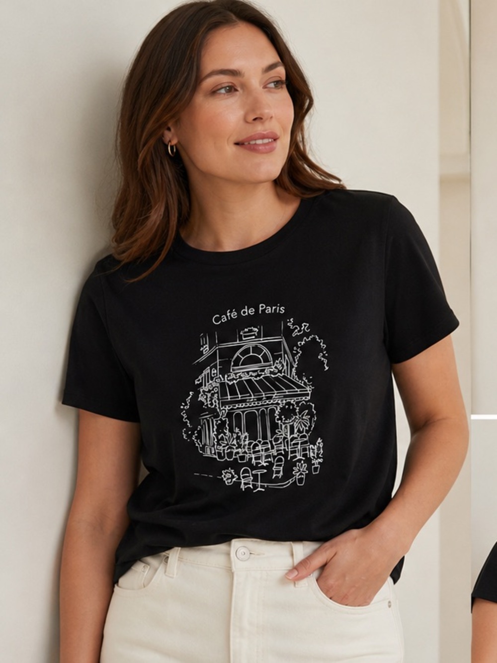 Reitmans Café de Paris Black Graphic Tee Size M